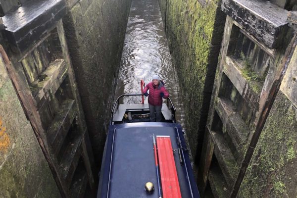 Canal boat through lock